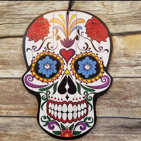 ⬇️⬇ Day of the Dead Sugar Skull  Hang Wall Sign - Picture 1 of 3
